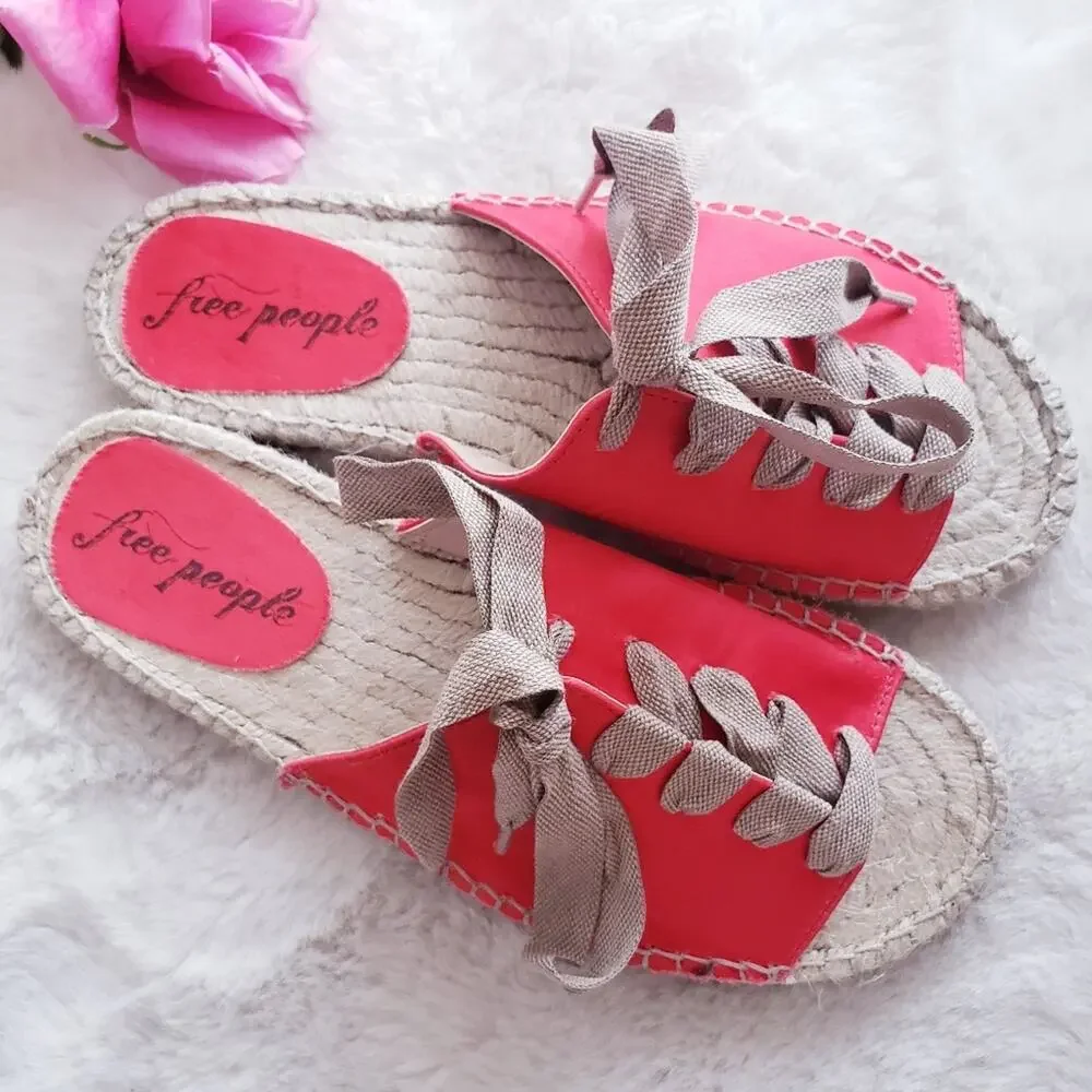Free People Lolly Lace-Up Espadrille Sandals Coral Red Sample Shoes EU 37 US 7